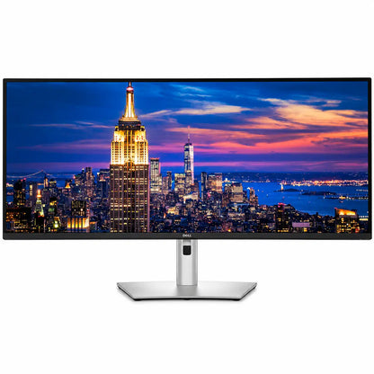 Dell UltraSharp U5226KW 52-inch 6K Thunderbolt Monitor straight front view on sturdy silver metallic stand with city skyline visual -tpstech.in