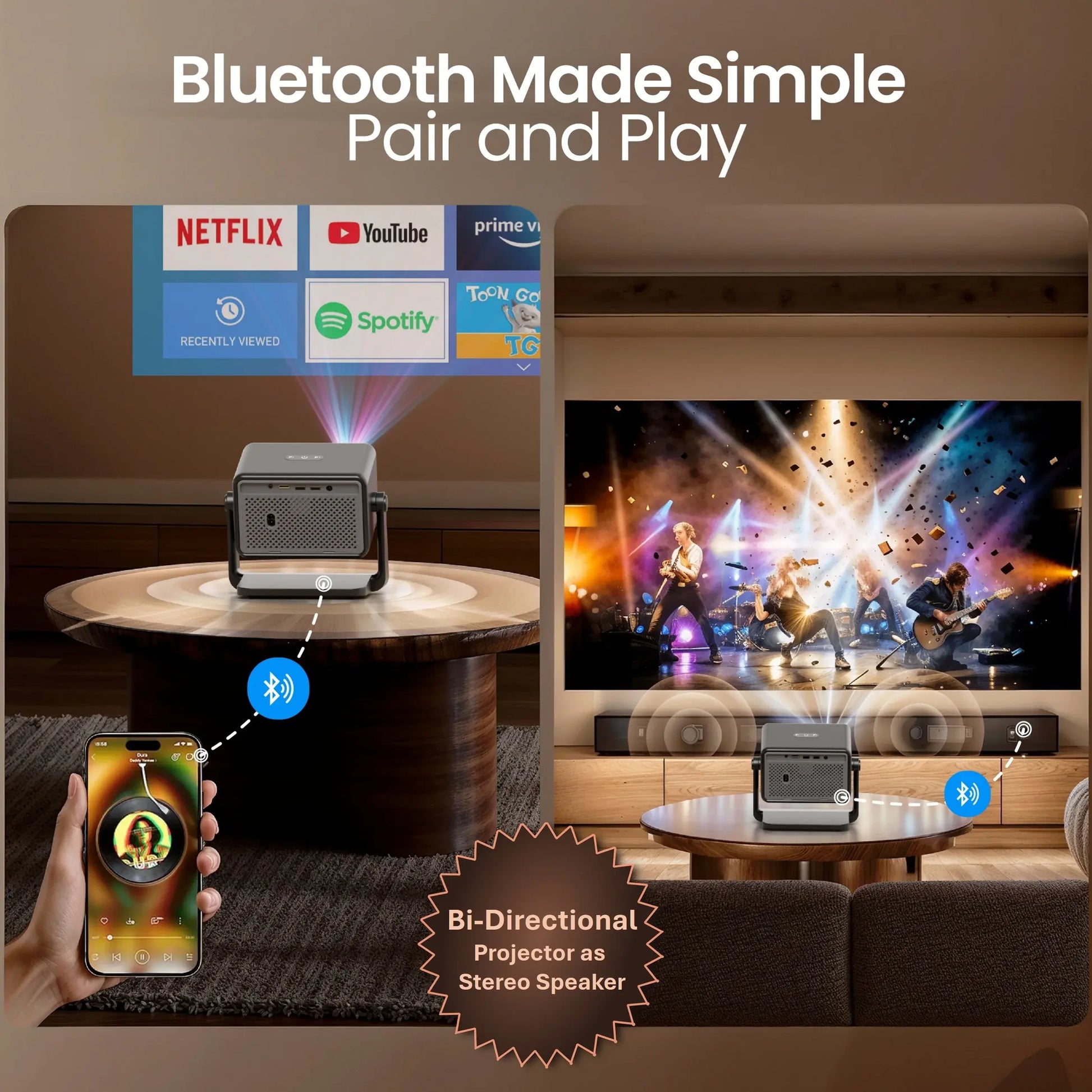 EGATE Duster 5X projector with Bluetooth audio connectivity and bi-directional speaker support