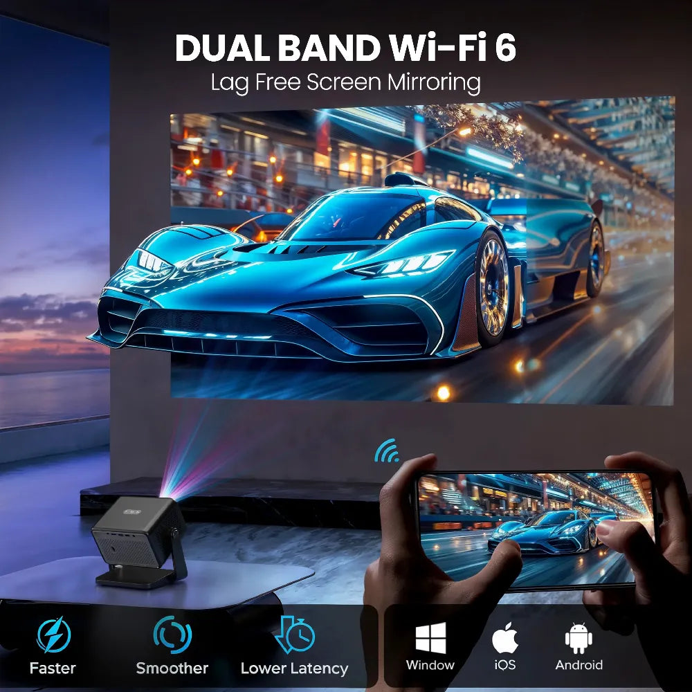 EGate Duster 5X Pro projector with dual band WiFi 6 and wireless screen mirroring for Android, iOS and Windows devices