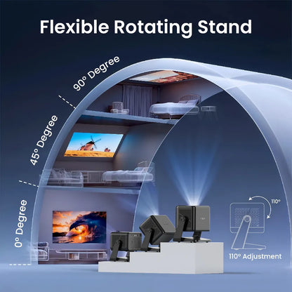 EGate Duster 5X Pro projector with flexible rotating stand and adjustable viewing angles for wall and ceiling projection