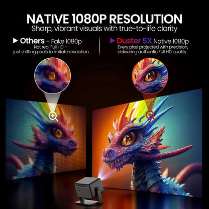 EGate Duster 5X Pro native 1080p Full HD projector delivering sharp image quality and authentic Full HD visuals