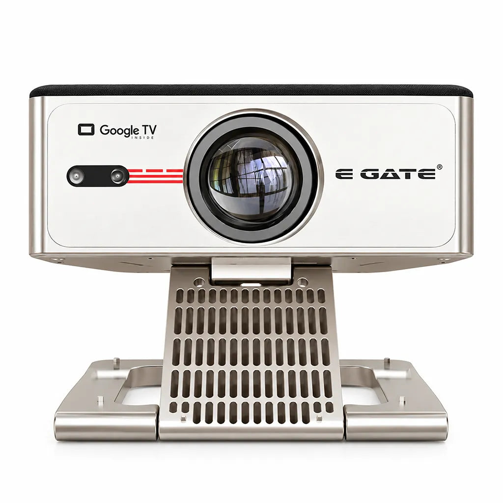 Egate Zen 8X Full HD Projector with Official Google TV optical lens and sensors front profile view -tpstech.in