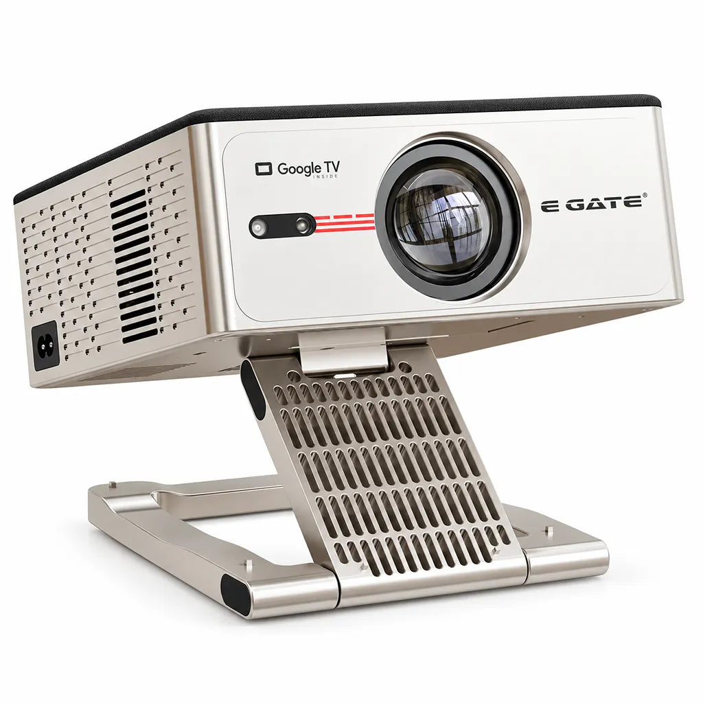 Egate Zen 8X Full HD Projector with Official Google TV and 4K support mounted on adjustable metal stand side view -tpstech.in