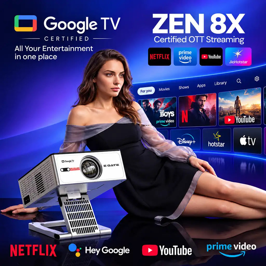 Egate Zen 8X Full HD Projector with Official Google TV certified OTT streaming platform display and sleek metal stand -tpstech.in