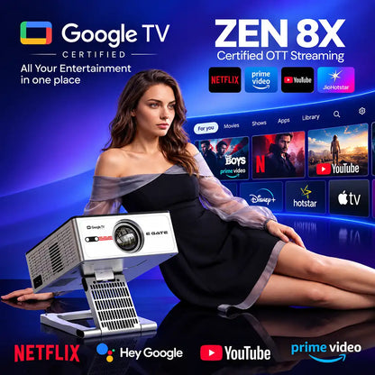 Egate Zen 8X Full HD Projector with Official Google TV certified OTT streaming platform display and sleek metal stand -tpstech.in