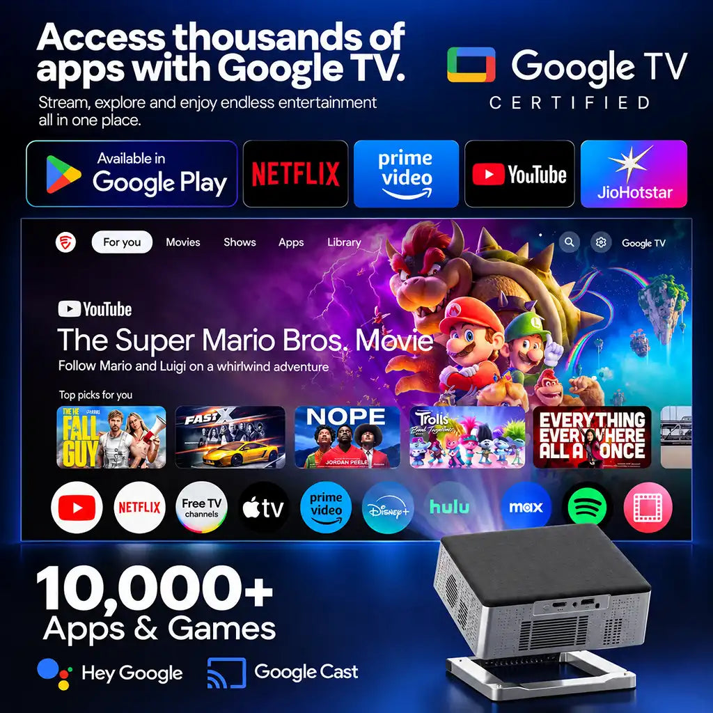Egate Zen 8X Full HD Projector with Official Google TV interface showing OTT apps Netflix YouTube and rear ports -tpstech.in