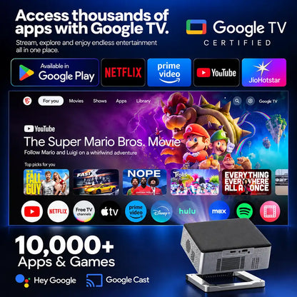 Egate Zen 8X Full HD Projector with Official Google TV interface showing OTT apps Netflix YouTube and rear ports -tpstech.in