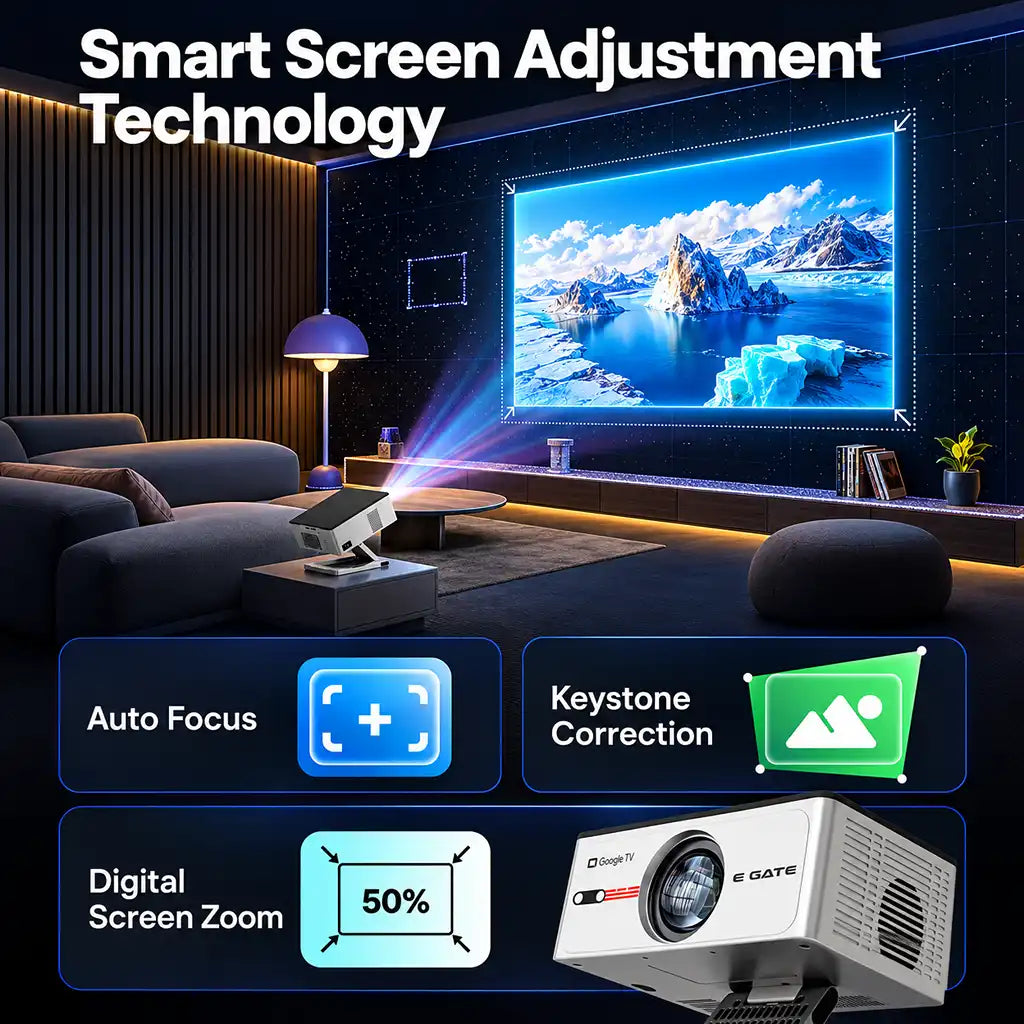 Egate Zen 8X Full HD Projector smart screen adjustment technology with auto focus keystone correction and digital zoom -tpstech.in