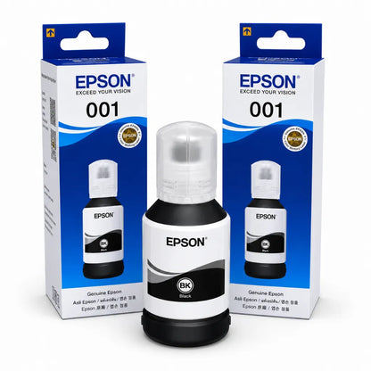 Epson 001 T03Y1 Black Ink Bottle 127ml with dual retail packaging showcasing genuine Epson EcoTank ink.