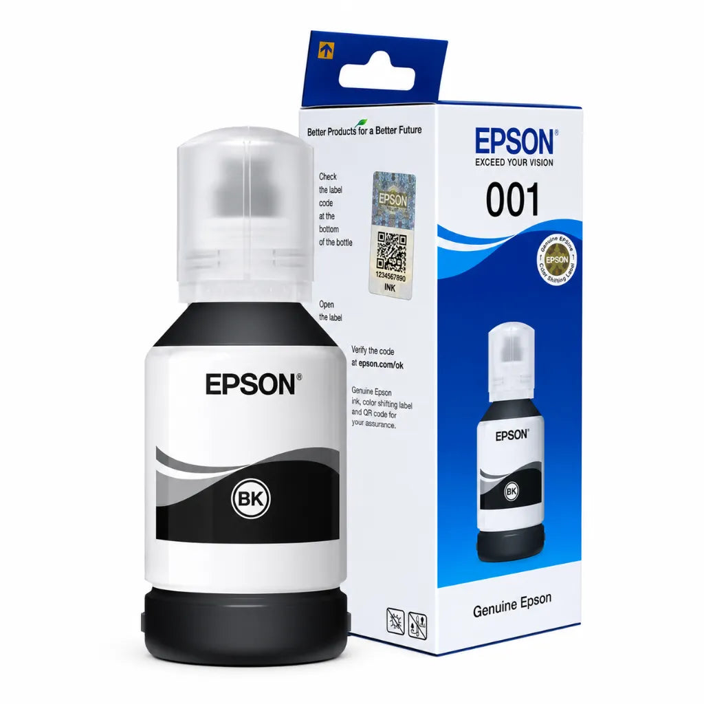 Epson 001 T03Y1 Black Ink Bottle with side view of genuine Epson packaging showing authenticity label and QR verification.