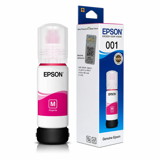Epson 001 (C13T03Y398) Magenta Ink Bottle 70ml for EcoTank Printers angled view showing original ink bottle and retail packaging -tpstech.in