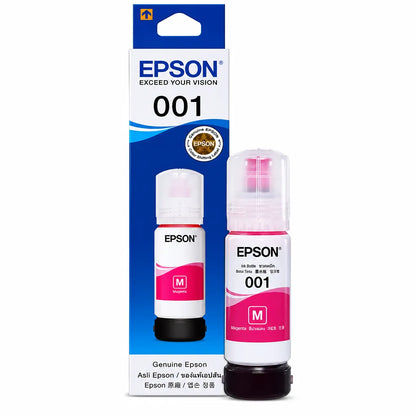 Epson 001 (C13T03Y398) Magenta Ink Bottle 70ml for EcoTank Printers with original retail box and ink bottle front view -tpstech.in