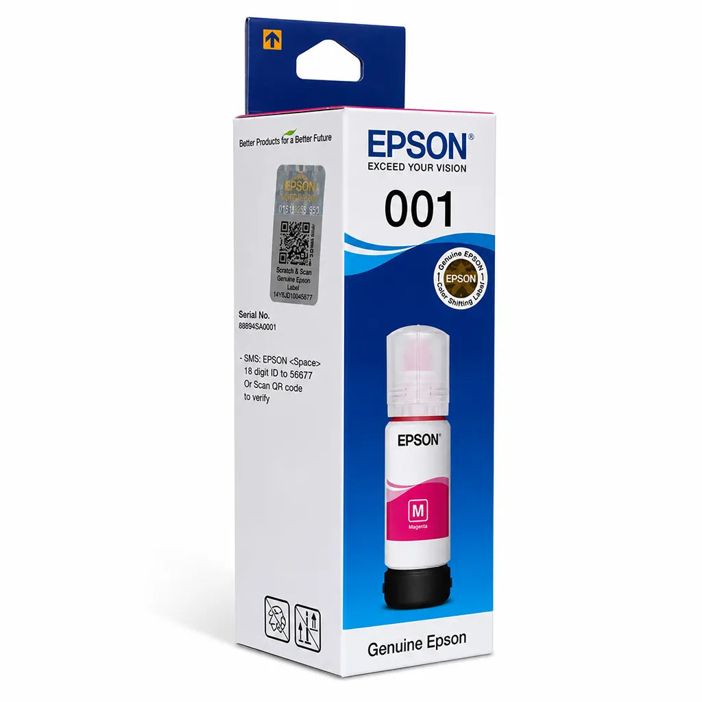 Original Epson 001 (C13T03Y398) Magenta Ink Bottle 70ml retail box angled view for EcoTank Printers -tpstech.in