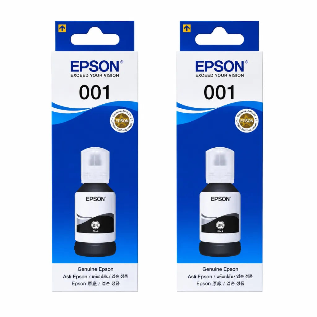 Dual front view of Epson 001 T03Y1 C13T03Y198 Black Ink Bottle retail packaging for Epson EcoTank printers.