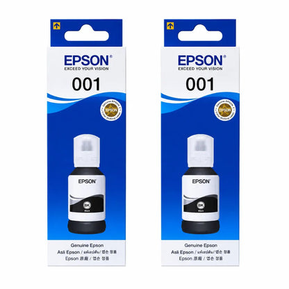 Dual front view of Epson 001 T03Y1 C13T03Y198 Black Ink Bottle retail packaging for Epson EcoTank printers.
