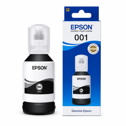 Epson 001 T03Y1 C13T03Y198 Black Ink Bottle 127ml with retail box front view for EcoTank L4150 L4160 L6160 L6170 L6190 printers.