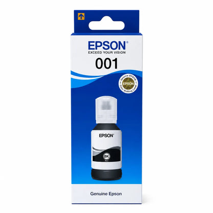 Front view of Epson 001 T03Y1 C13T03Y198 Black Ink Bottle retail box for EcoTank L4150, L4160, L6160, L6170 and L6190 printers.