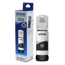 Epson 003 (C13T00V198) Black Ink Bottle 65ml Dye-Based Ink for EcoTank Printers with original retail box and black ink bottle angled view -tpstech.in
