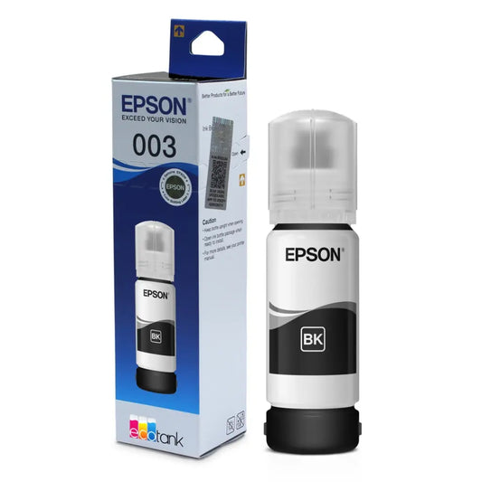 Epson 003 (C13T00V198) Black Ink Bottle 65ml Dye-Based Ink for EcoTank Printers with original retail box and black ink bottle angled view -tpstech.in