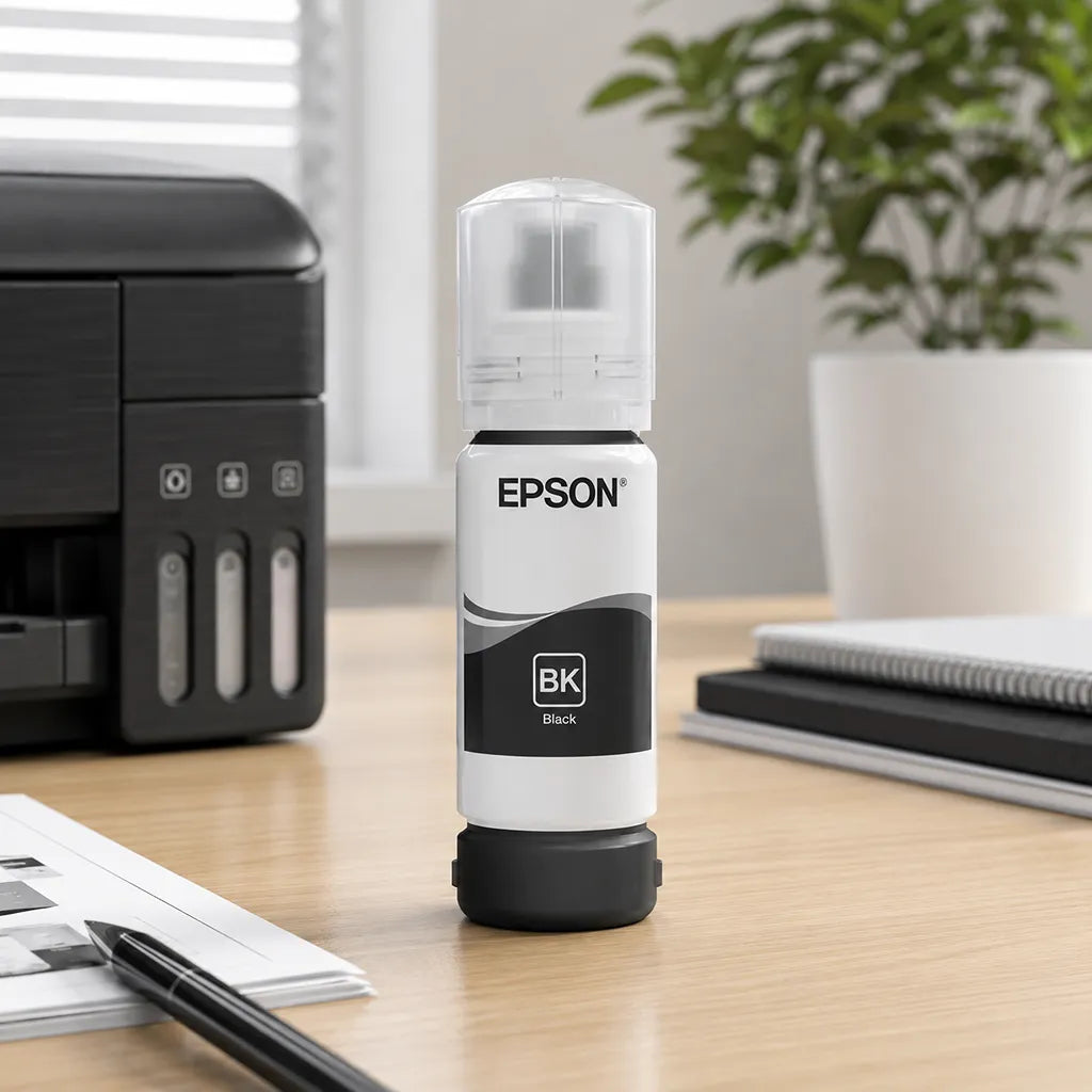 Epson 003 (C13T00V198) Black Ink Bottle 65ml Dye-Based Ink for EcoTank Printers placed on a modern office desk in a lifestyle setting -tpstech.in