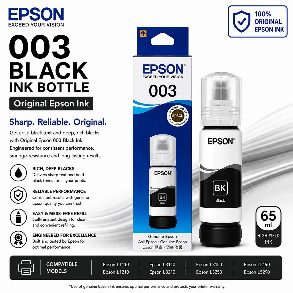 Epson 003 (C13T00V198) Black Ink Bottle 65ml Dye-Based Ink for EcoTank Printers highlighting original Epson ink, high yield, printer compatibility and key features -tpstech.in