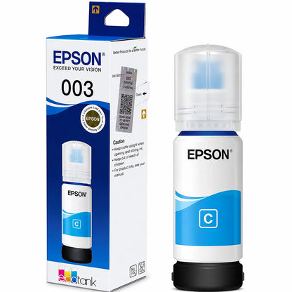 Epson 003 (C13T00V298) Cyan Ink Bottle 65ml Dye Based Ink for EcoTank Printers with original retail box front right view -tpstech.in