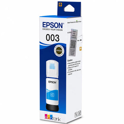 Epson 003 (C13T00V298) Cyan Ink Bottle 65ml Dye Based Ink for EcoTank Printers retail box front right view with original packaging -tpstech.in
