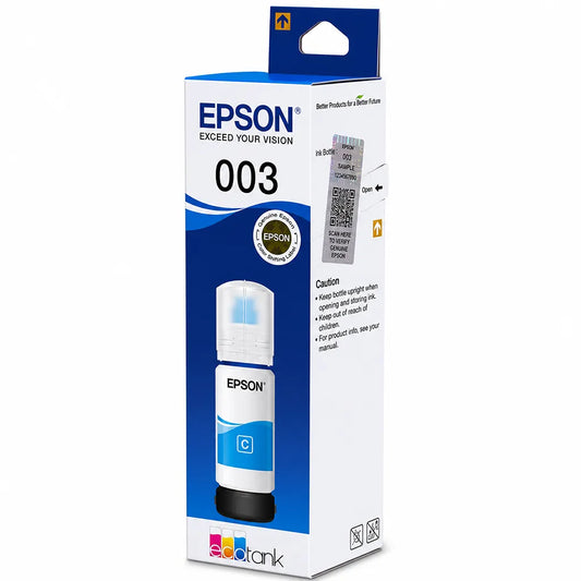 Epson 003 (C13T00V298) Cyan Ink Bottle 65ml Dye Based Ink for EcoTank Printers retail box front right view with original packaging -tpstech.in