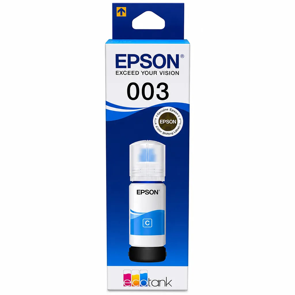 Epson 003 (C13T00V298) Cyan Ink Bottle 65ml Dye Based Ink for EcoTank Printers retail box front view with genuine Epson packaging -tpstech.in
