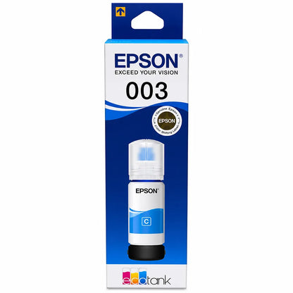 Epson 003 (C13T00V298) Cyan Ink Bottle 65ml Dye Based Ink for EcoTank Printers retail box front view with genuine Epson packaging -tpstech.in