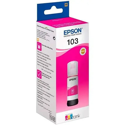 Angled view of Epson 003 (C13T00V398) Magenta Ink Bottle 65ml Dye Based Ink for EcoTank Printers original retail box -tpstech.in