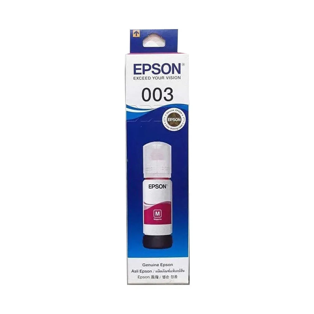 Front view of Epson 003 (C13T00V398) Magenta Ink Bottle 65ml Dye Based Ink for EcoTank Printers retail box -tpstech.in