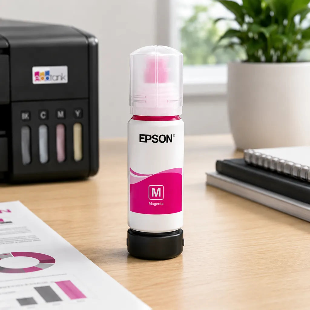 Epson 003 (C13T00V398) Magenta Ink Bottle 65ml Dye Based Ink for EcoTank Printers placed on an office desk beside an EcoTank printer -tpstech.in