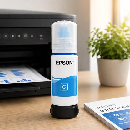 Epson 008 (C13T06G298) Cyan Ink Bottle 70ml Pigment Ink placed beside an Epson EcoTank printer in an office workspace -tpstech.in