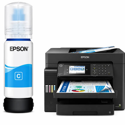 Epson 008 (C13T06G298) Cyan Ink Bottle 70ml Pigment Ink displayed with Epson EcoTank printer for high-quality printing -tpstech.in
