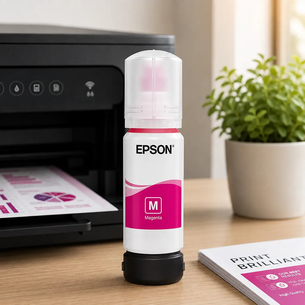 Epson 008 (C13T06G398) Magenta Ink Bottle 70ml placed beside an Epson EcoTank printer in a modern office workspace -tpstech.in