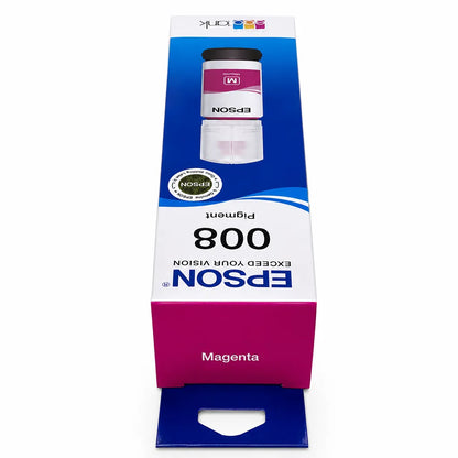 Top perspective view of Epson 008 (C13T06G398) Magenta Ink Bottle 70ml retail box for EcoTank printers -tpstech.in