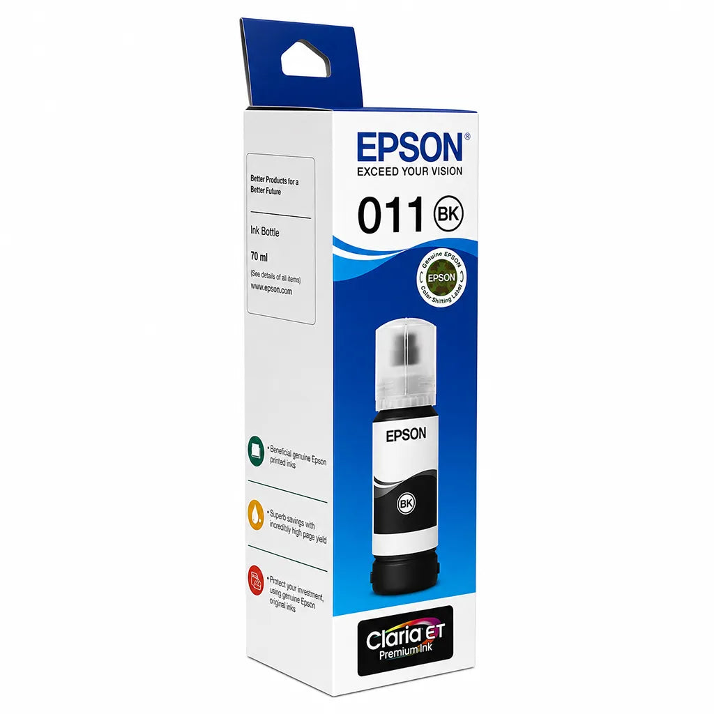 Angled packaging view of Epson 011 (C13T07J198) Photo Black Ink Bottle 70ml High-Yield Dye Ink for EcoTank L8160/L8180 Printers -tpstech.in