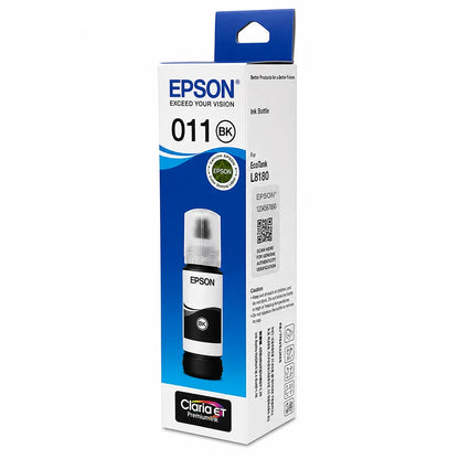 Side view of Epson 011 (C13T07J198) Photo Black Ink Bottle 70ml High-Yield Dye Ink packaging for EcoTank L8160/L8180 Printers -tpstech.in