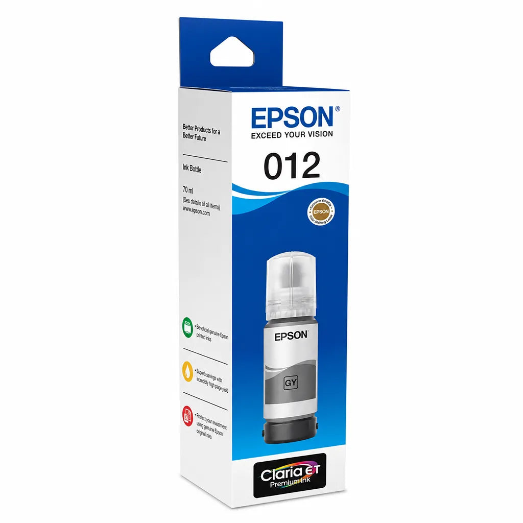 Left angle view of Epson 012 (C13T07K198) Pigment Black Ink Bottle 70ml packaging for Epson EcoTank L8160 L8180 Printers -tpstech.in