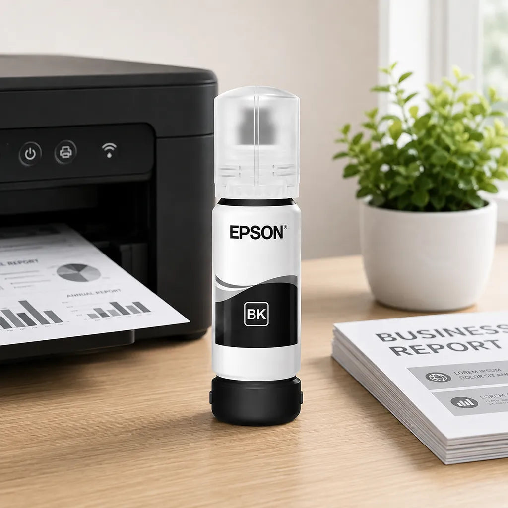 Epson 012 (C13T07K198) Pigment Black Ink Bottle 70ml placed beside an Epson EcoTank printer in an office workspace -tpstech.in