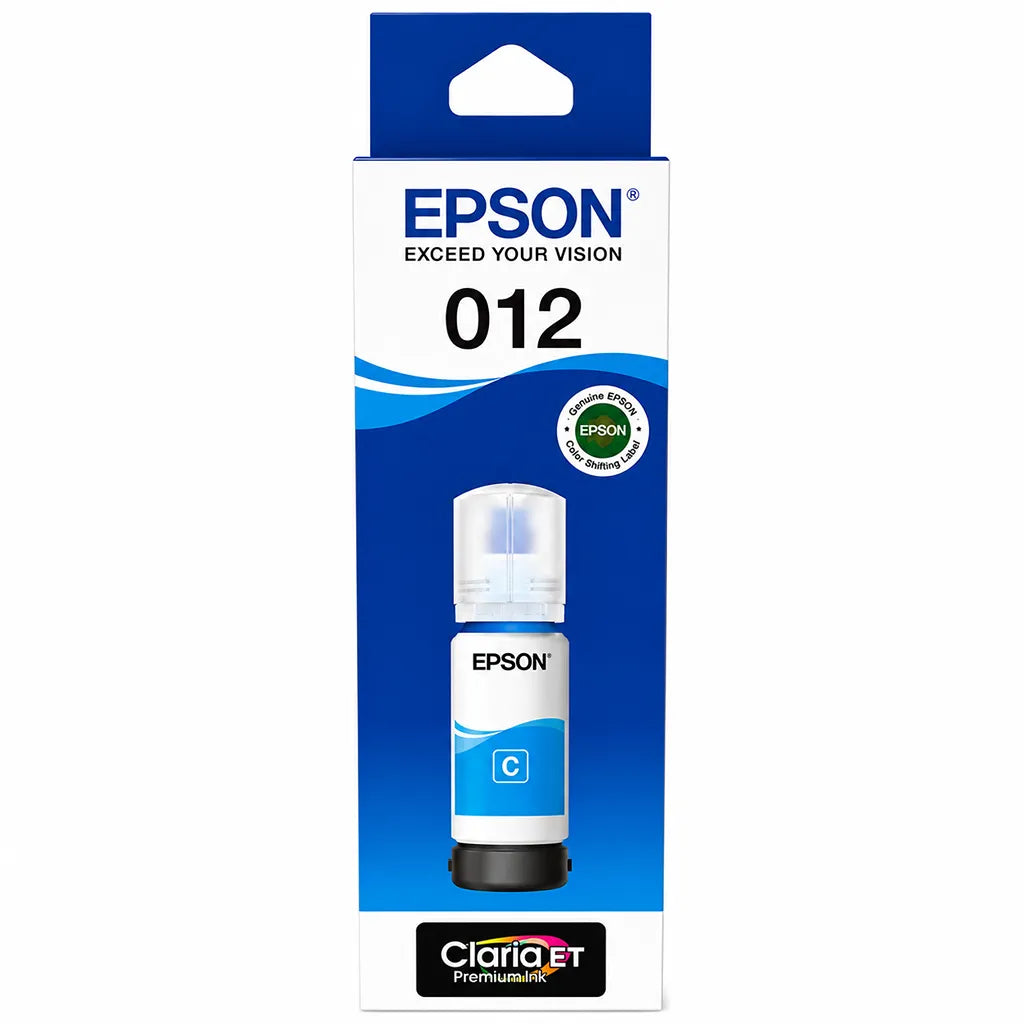 Front view of Epson 012 (C13T07K298) Cyan Ink Bottle 70ml High-Yield Ink packaging for EcoTank L8160/L8180 Printers -tpstech.in