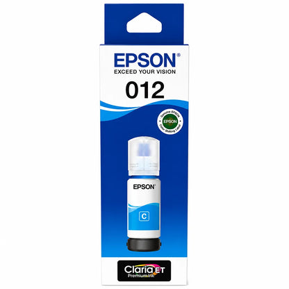 Front view of Epson 012 (C13T07K298) Cyan Ink Bottle 70ml High-Yield Ink packaging for EcoTank L8160/L8180 Printers -tpstech.in