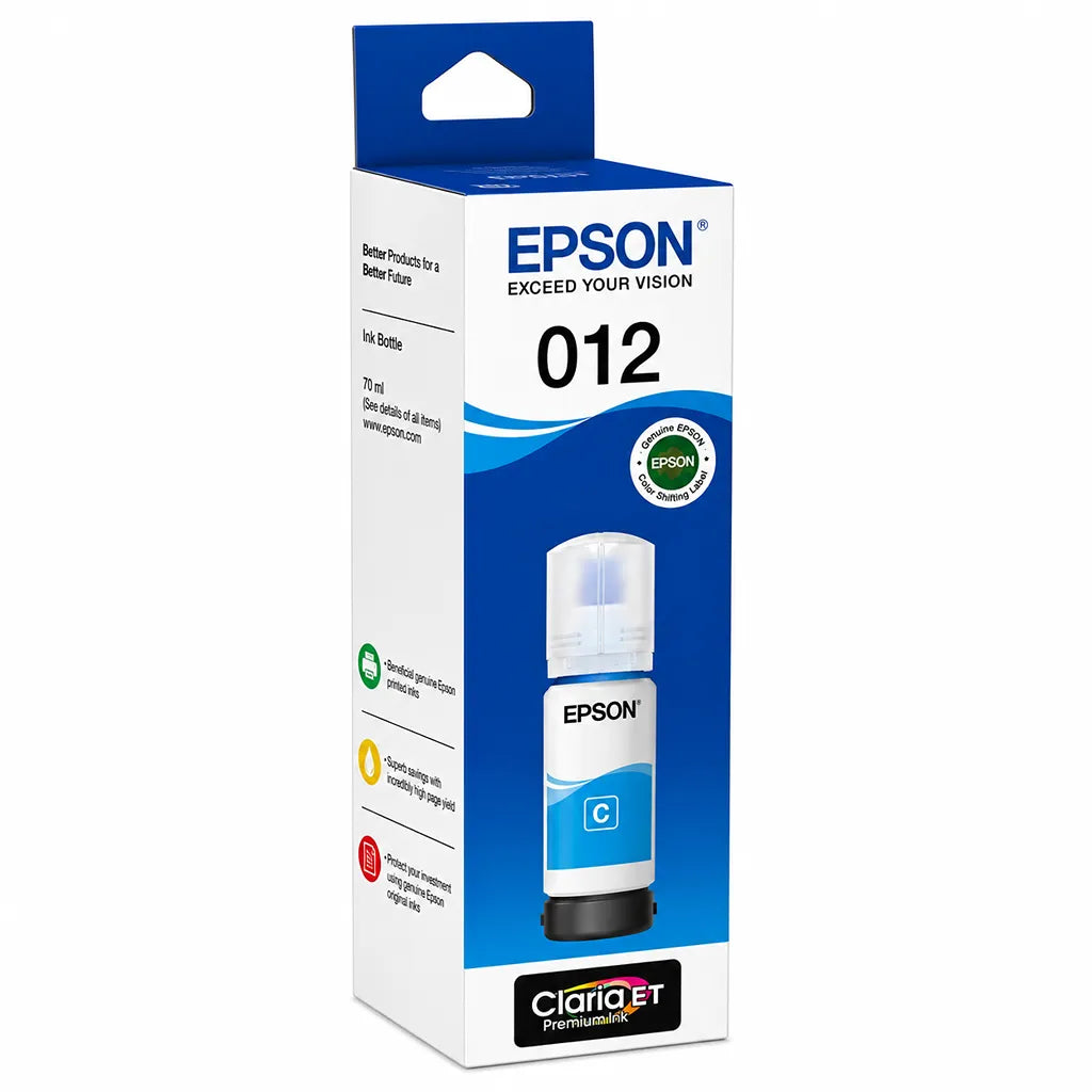 Left angle view of Epson 012 (C13T07K298) Cyan Ink Bottle 70ml High-Yield Ink packaging for EcoTank L8160/L8180 Printers -tpstech.in