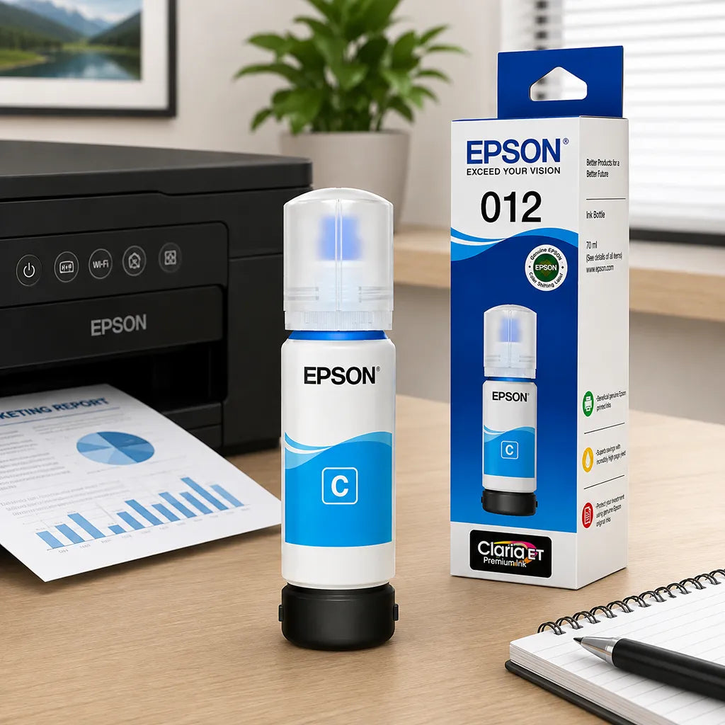 Epson 012 (C13T07K298) Cyan Ink Bottle 70ml High-Yield Ink placed beside an Epson EcoTank printer in an office workspace -tpstech.in