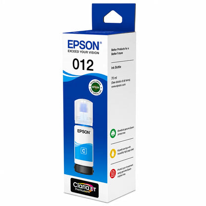 Right angle view of Epson 012 (C13T07K298) Cyan Ink Bottle 70ml High-Yield Ink packaging for EcoTank L8160/L8180 Printers -tpstech.in