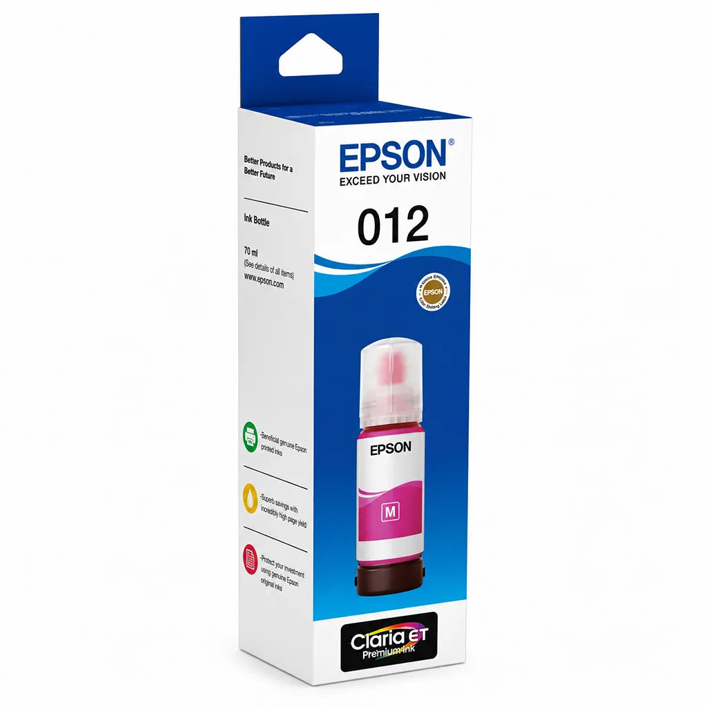 Epson 012 (C13T07K398) Magenta Ink Bottle retail box left angle view for EcoTank L8180 & L8160 printers -tpstech.in