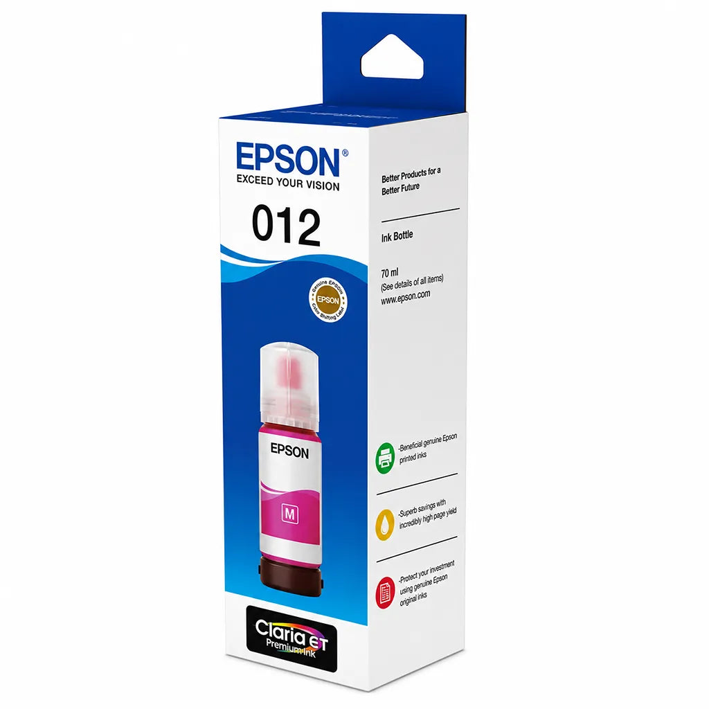 Epson 012 (C13T07K398) Magenta Ink Bottle retail box right angle view for EcoTank L8180 & L8160 printers -tpstech.in
