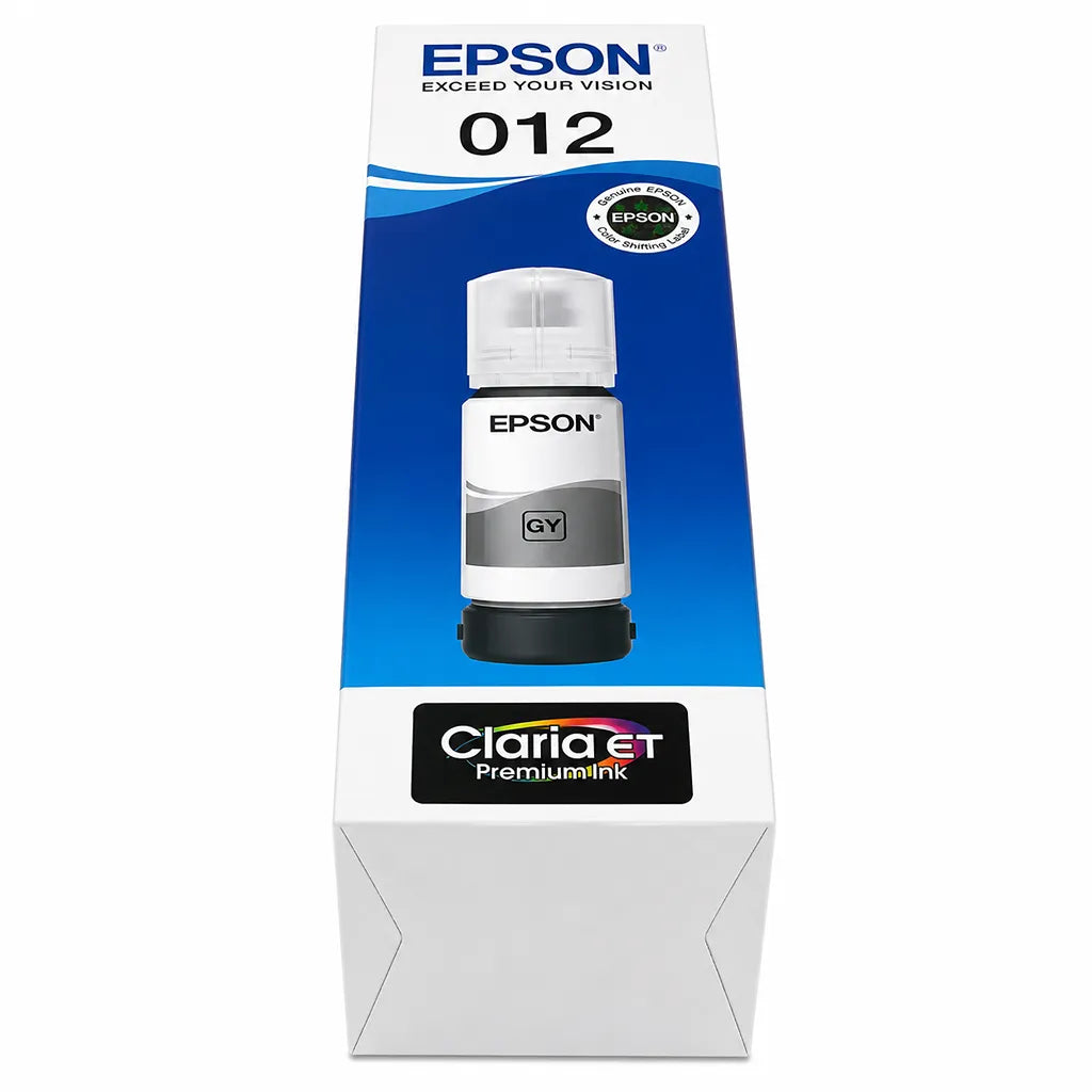 Bottom angle view of Epson 012 (C13T07K598) Grey Ink Bottle 70ml High-Yield 6200 Pages packaging for EcoTank L8160/L8180 Printers -tpstech.in