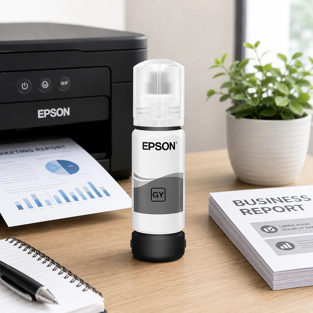 Epson 012 (C13T07K598) Grey Ink Bottle 70ml High-Yield 6200 Pages placed beside an Epson EcoTank L8160/L8180 printer in an office workspace -tpstech.in